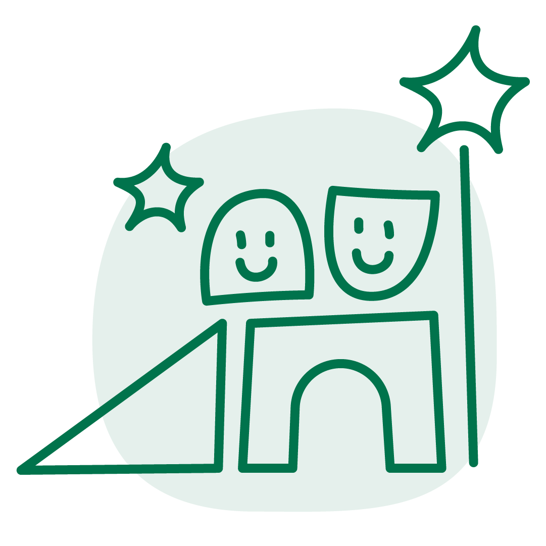 Two differently shaped happy faces sit above a bridge and a ramp that lead up to a magic wand. Illustrated in a simple way.
