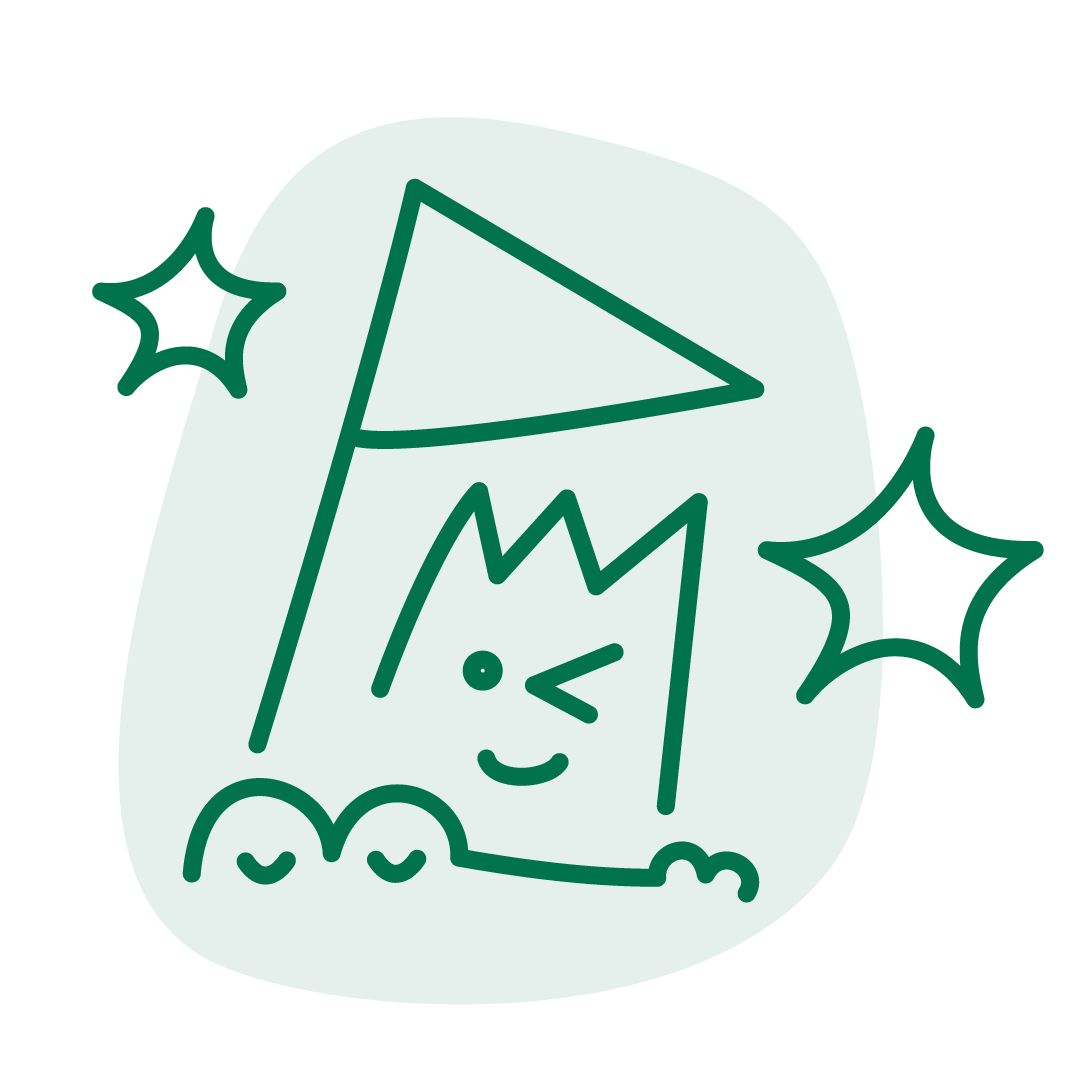 A crown sits on top of a sleeping crocodile and under an advocacy flag. It has a face which is smiling and winking. There are imagination stars floating near the crown. Illustrated in a simple way.