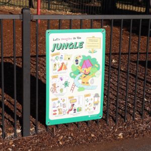 Inclusive imaginary play poster on a fence showing a colourful jungle treehouse with playful prompts for play.