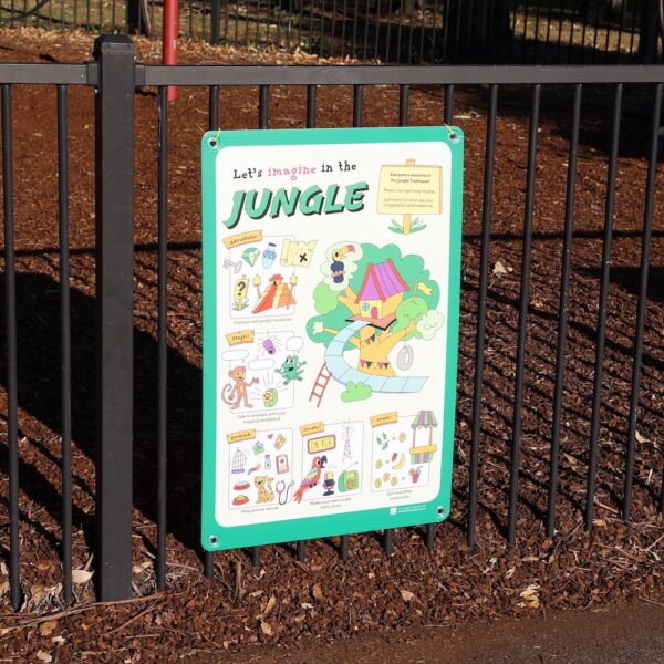 Inclusive imaginary play poster on a fence showing a colourful jungle treehouse with playful prompts for play.