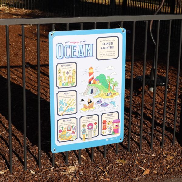 Inclusive imaginary play poster on fence showing a colourful island in the ocean with prompts for play.