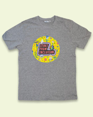 Grey T-Shirt with a bright colourful design with hand-drawn text "Start from Inclusion"