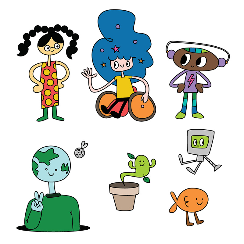 An assortment of bright cartoon characters including a child in a wheelchair