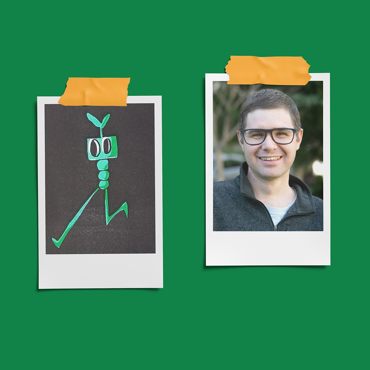 Photo of Clayton McIntosh next to a small cartoon artwork.