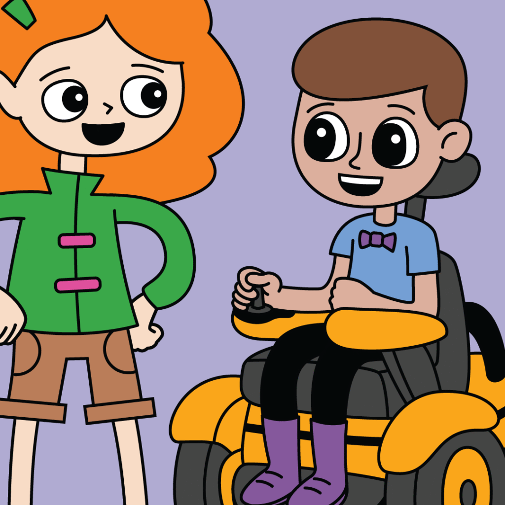 Kids talking. One is standing and another is in a wheelchair