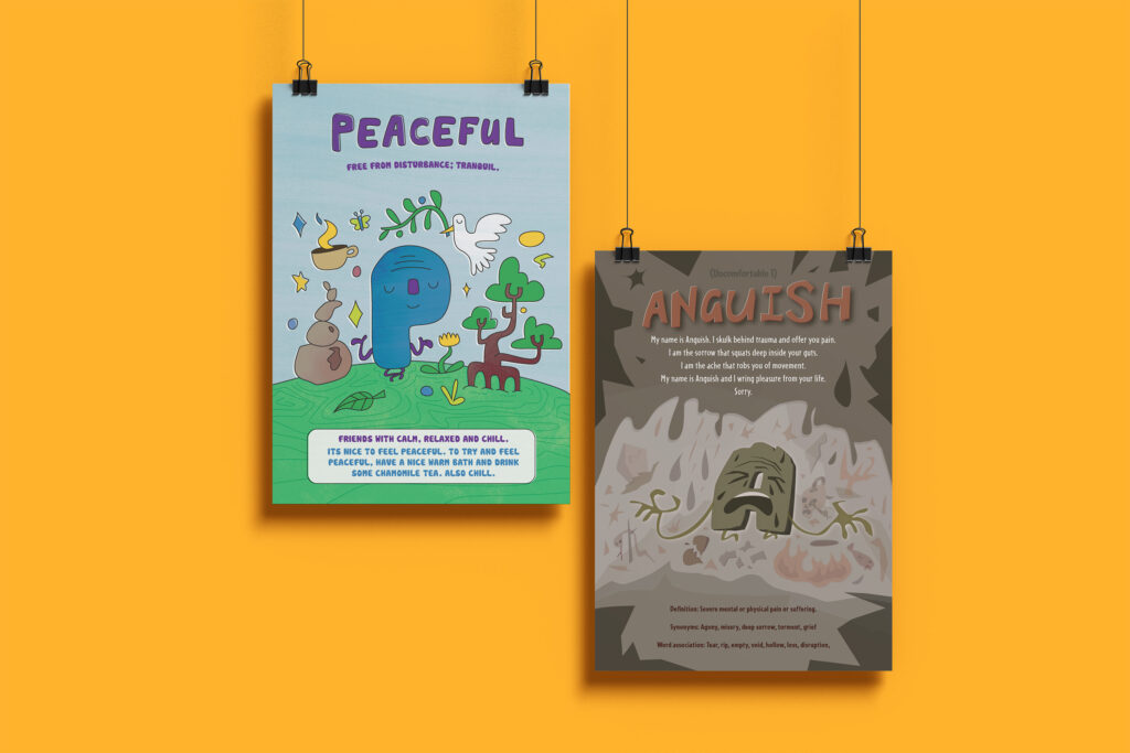 Two illustrated letters. P for Peaceful and A for Anguish
